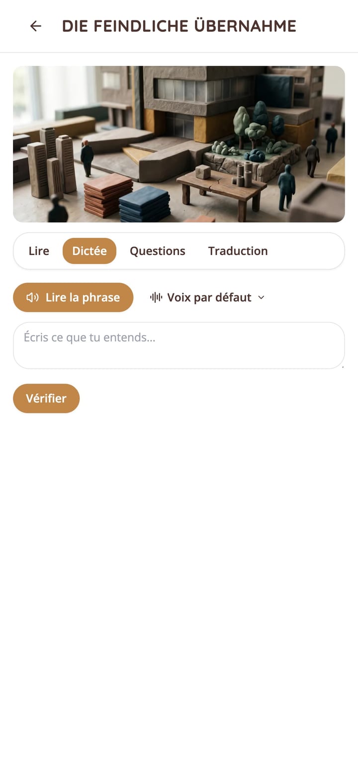 Exercice de dictée d'une histoire courte en allemand dans l'app KasusKnacker