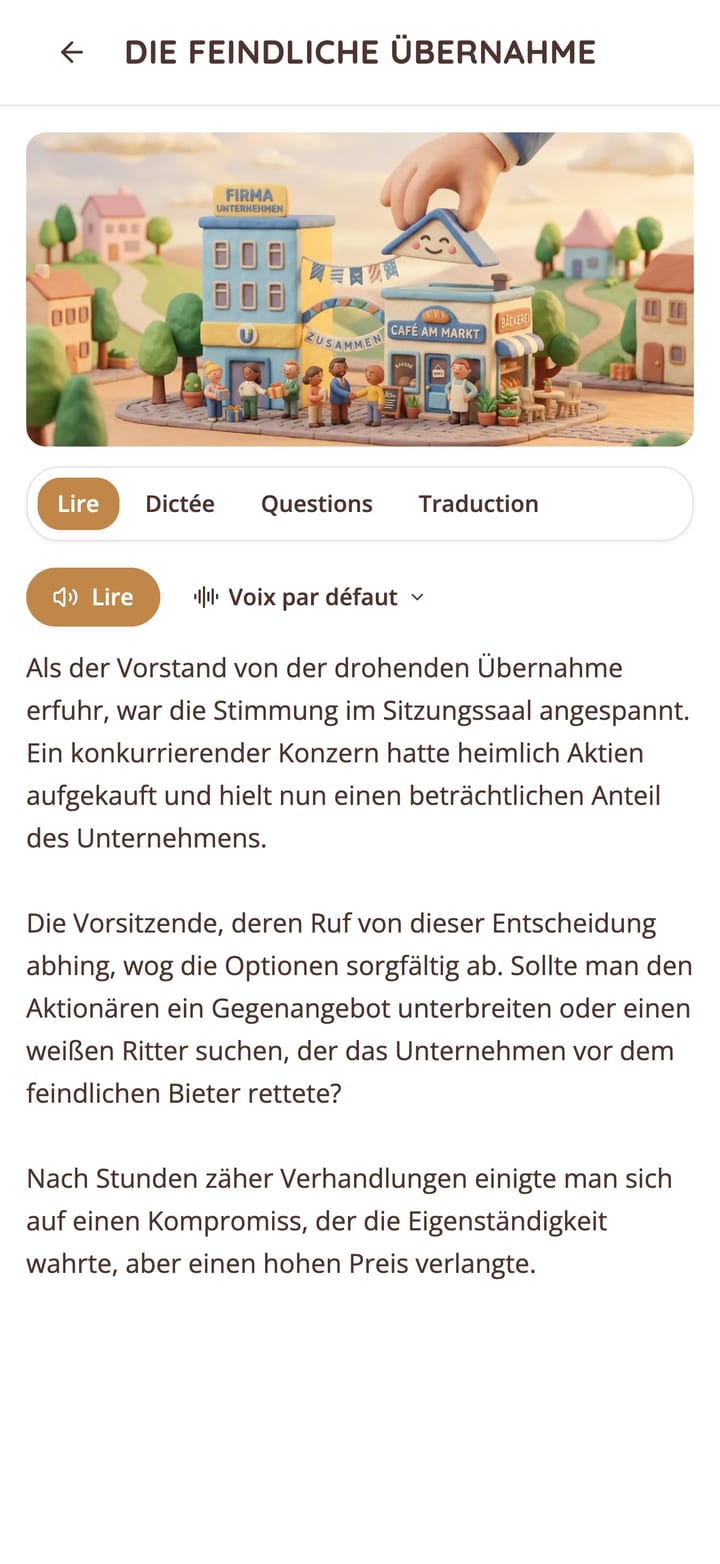 Lecture d'une histoire courte en allemand avec audio dans l'app KasusKnacker