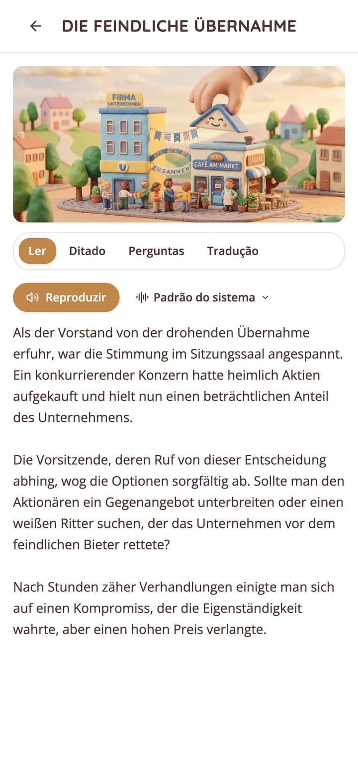 Leitura de uma história curta em alemão com áudio na app KasusKnacker